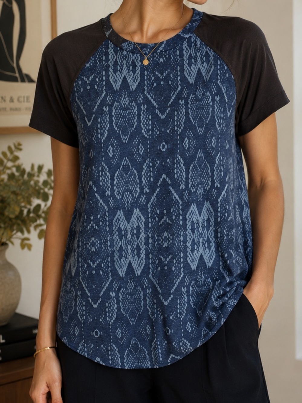 REBECCA TAYLOR Silk Blend Snake Print Mixed Media Raglan Tee Top S